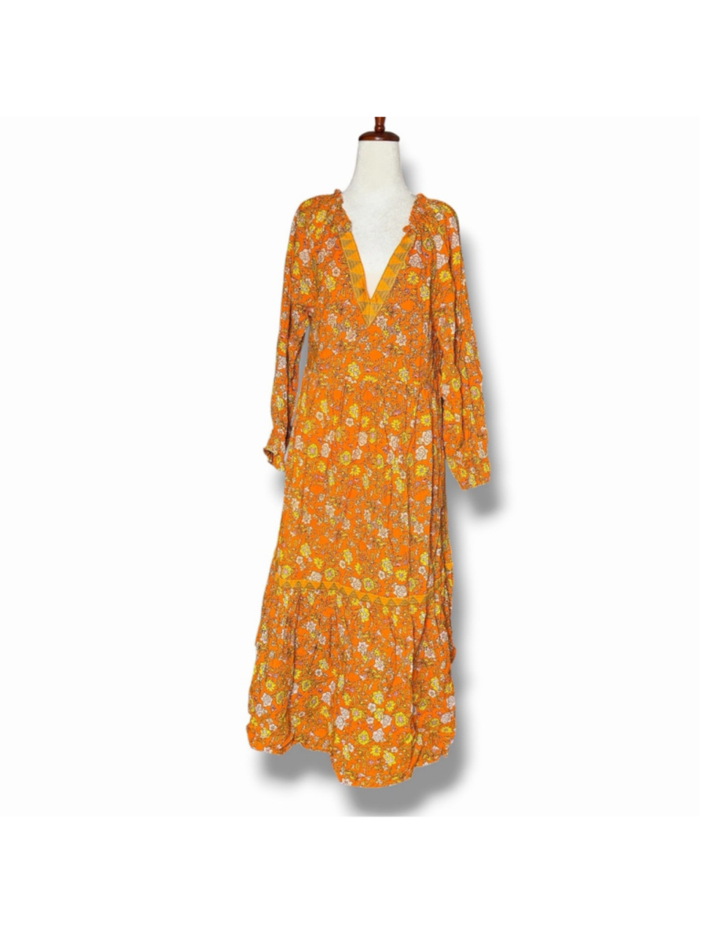 Ro’s Garden Orange Floral Embroidered L/S Tiered V Neck Maxi Dress Boho Lined M